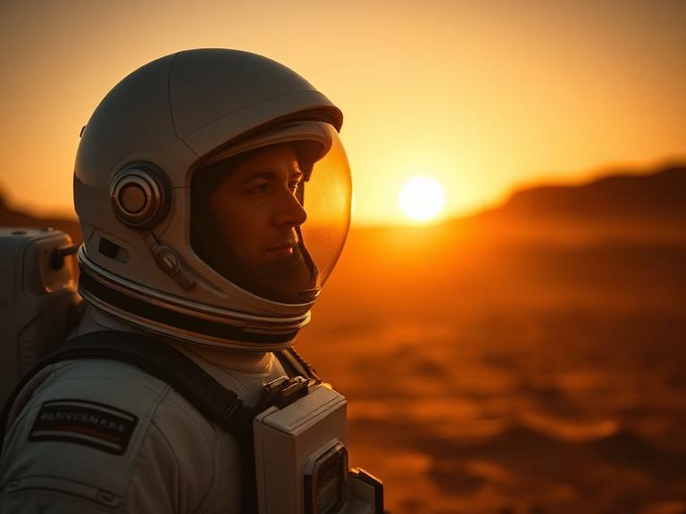 Cinematic portrait of an astronaut taking off their helmet on Mars, golden hour, 50mm lens, shallow depth of field