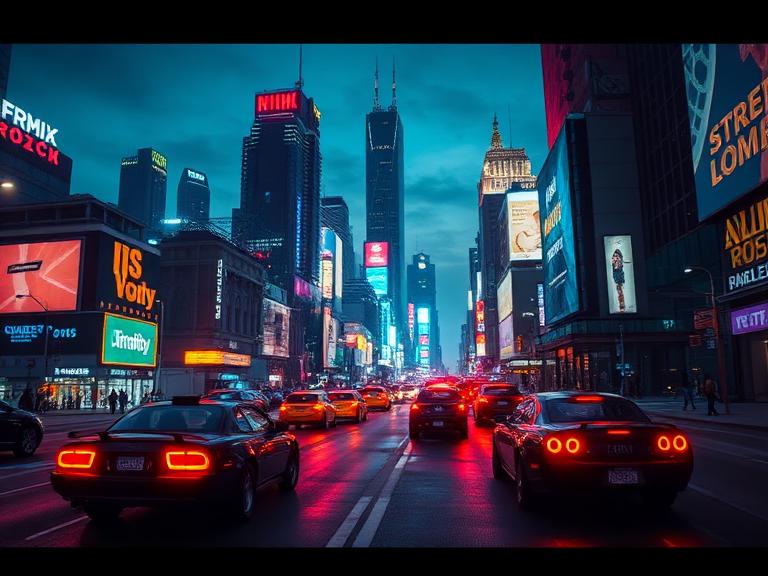 Cyberpunk city skyline at night with flying cars and holographic billboards, cinematic