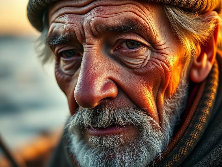 Closeup portrait of an elderly fisherman, weathered face, golden hour, documentary style