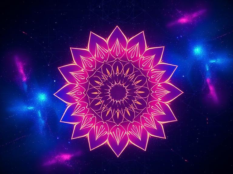 Glowing geometric mandala floating in deep space, vibrant gradients, abstract symmetry
