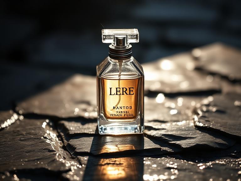 Hero product shot of a glass perfume bottle on wet stone, dramatic side light
