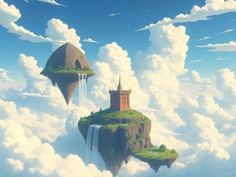 Floating sky islands with waterfalls cascading into clouds, Studio Ghibli style