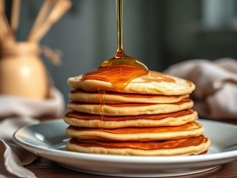 Stack of fluffy pancakes with maple syrup pour mid-air, soft natural light