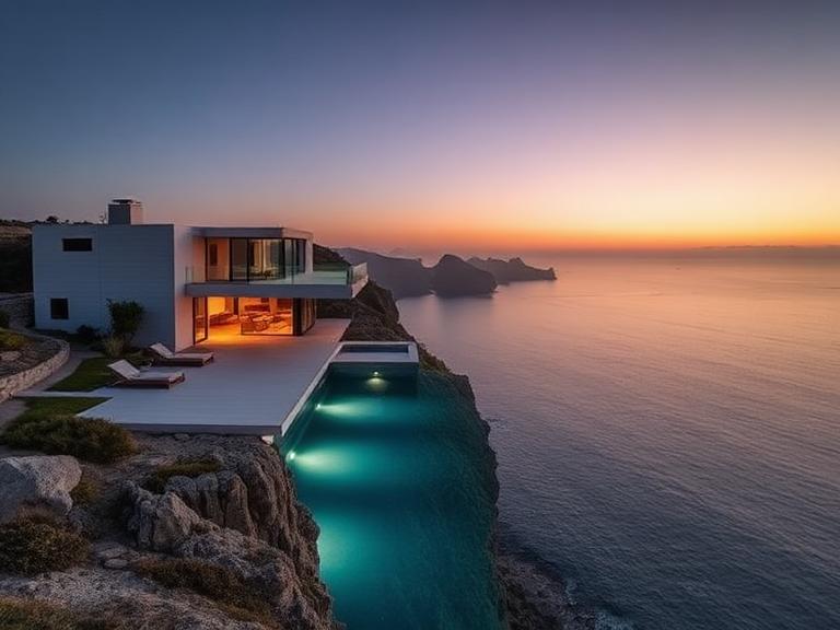 Modern minimalist home perched on a coastal cliff, infinity pool, dusk, architectural digest style