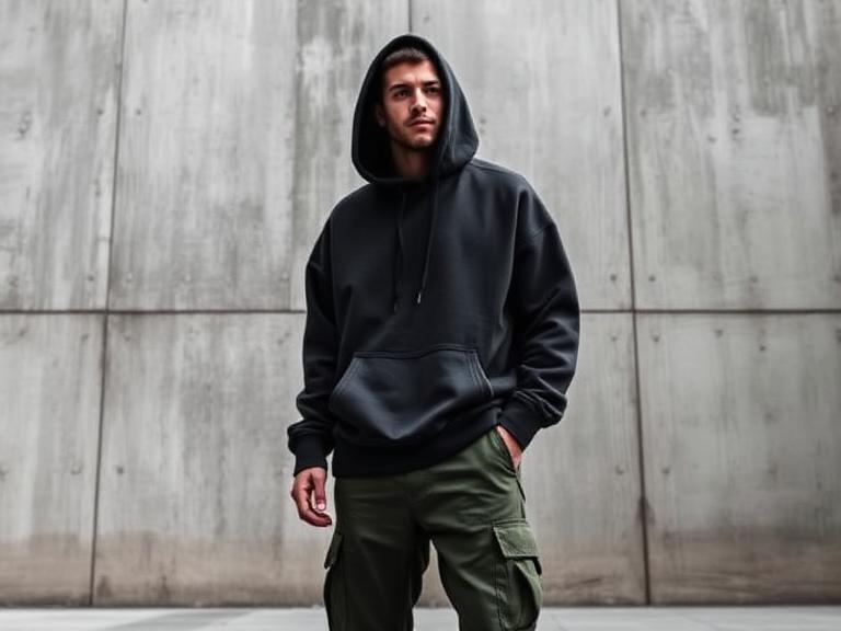 Streetwear lookbook, model in oversized hoodie and cargo pants, brutalist concrete backdrop