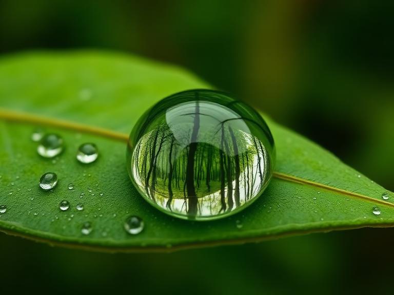 Macro shot of a dewdrop on a leaf reflecting an entire forest, hyperreal