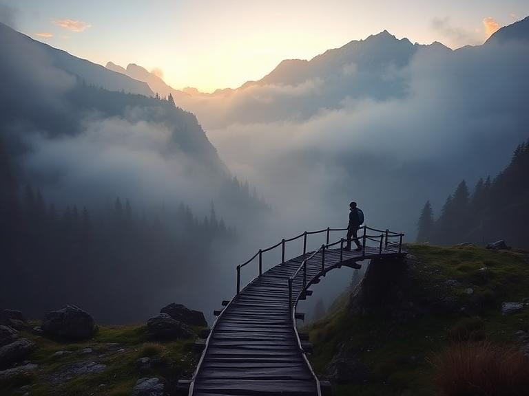 Misty alpine valley at sunrise, single hiker on a wooden bridge, painterly atmosphere, 4k