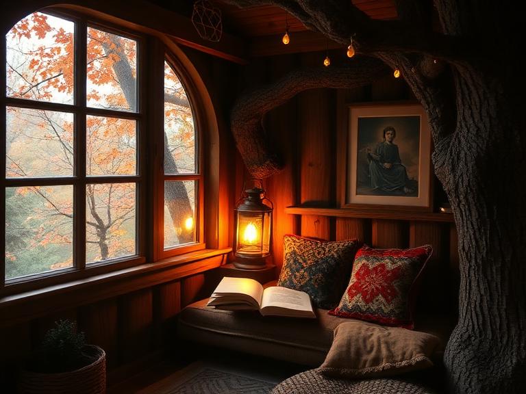 Cozy reading nook in a treehouse, warm lantern light, autumn leaves outside the window