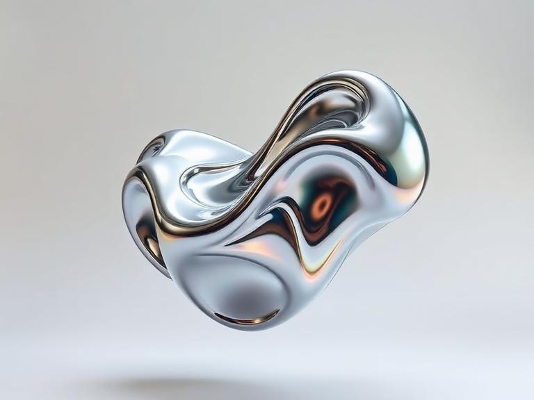 Abstract liquid metal sculpture floating in zero gravity, chrome and iridescent oil reflections