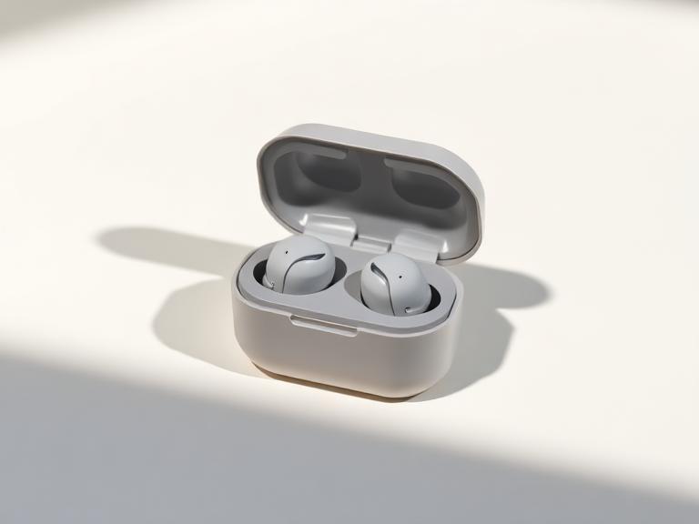 Studio product shot of a wireless earbud charging case, soft shadows, off-white background