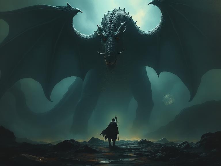 Lone knight standing before an enormous dragon, dark fantasy oil painting, dramatic backlight