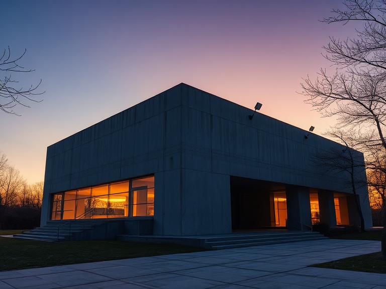 Brutalist concrete museum at dusk, dramatic shadows, architectural photography, wide angle