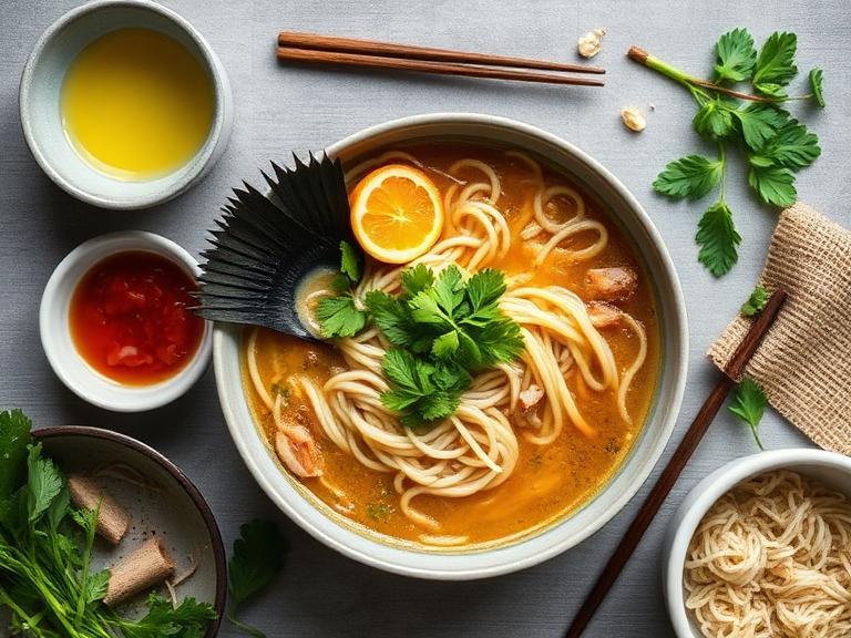Overhead flat-lay of homemade ramen with all ingredients arranged neatly, daylight, food blog style