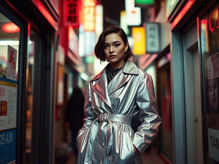 Editorial fashion shot of a model in metallic silver coat, neon-lit Tokyo alley, 35mm film
